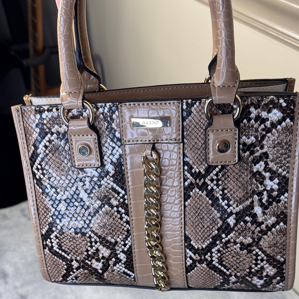 ALDO Snake Print Small Tote - Tan Brown White - Gold Hardware - Like New - Picture 12 of 12